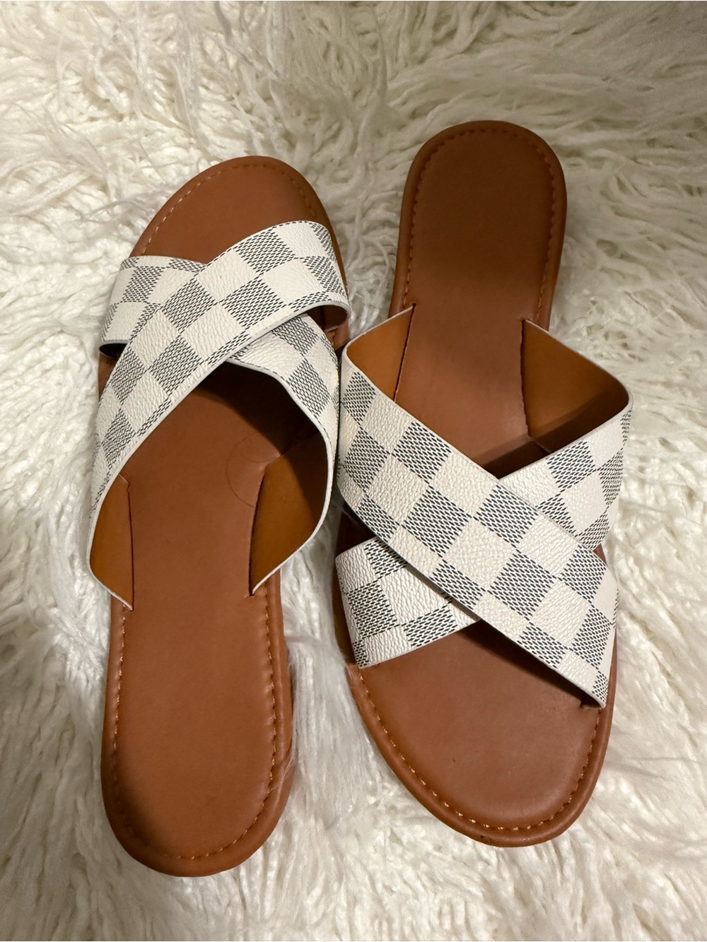Women's Tan Footbed Slide Sandals with White Check Crisscross Straps